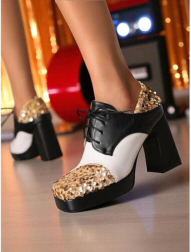  Dames Oxford schoenen met dikke hak en pailletten - Retro veterschoenen met blokhak en platform uit de jaren 80 voor feestjes, avond-, cocktail- en danskleding