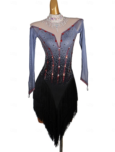  Danse Latine Robe Strass Gland Femmes Performance Entraînement manche longue Haut Spandex Tulle