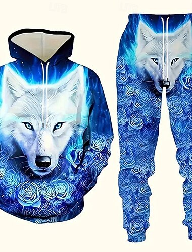  Férfi Állat Farkas 2db 3D pulóver készletek Tracksuit Kapucnis pulóver Hosszú ujj Hosszú nadrág Kapucni Alkalmi Napi Sportruházat 3D nyomtatás Tavasz Ősz Tél Fekete Medence