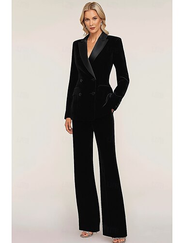  Tweedelig Broek Broekpak Moeder van de bruid jurk Formeel Bruiloft gast Elegant Eenvoudig Revers Tot de grond Fluweel Lange mouw met Effen kleur 2025