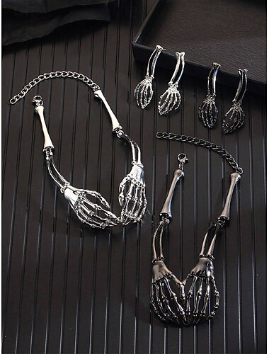  Ensemble de boucles d'oreilles et collier squelette pour femme, style gothique punk, idéal pour les fêtes costumées et les costumes d'avant-garde