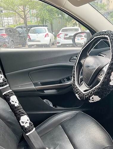  3-delat set med virkad Halloween-dödskalle och rattskydd till bilen - handgjort och varmt &halkfritt tygtillbehör för fordonsinredning