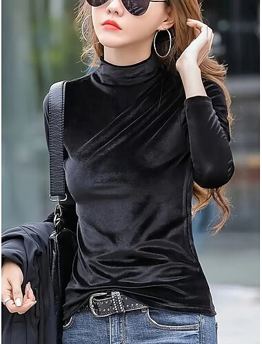  Mulheres Blusa Tops elegantes Tops justos Elegante à moda Casual Manga Longa Gola Alta Tops regulares Preto Primavera Outono Inverno Primavera / Outono / Inverno / Verão
