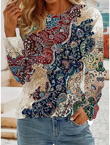  女性用 Tシャツ フラワー グラフィック ペーズリー ヴィンテージ ファッション スタイリッシュ 長袖 クルーネック ラウンドネック レギュラートップス 日常 週末 プリント ブルー ダスティブルー パープル オレンジ ブラウン 春 秋 冬