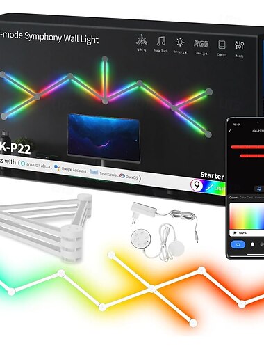  תאורת קיר חכמה לד גלייד, תאורת קיר לד RGB עם WiFi לחדר משחקים, 16 מיליון צבעים, סנכרון מוזיקה, תואם לאלכסה ולעוזר גוגל