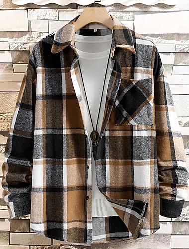  Per uomo Giacca-camicia Giacca camicia Giacca invernale Plaid Vacanza Abbigliamento quotidiano Caffè Manica Lunga Bavero Autunno Inverno Abbigliamento Tasca