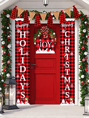  χριστουγεννιάτικη πινακίδα πόρτας βεράντας χριστουγεννιάτικο banner καλωσορίσματος κόκκινο και μαύρο καρό κρεμαστό banner κουρτίνα πόρτας εορταστική διακόσμηση διακοπών ευρωπαϊκό στυλ κρεμαστά δίστιχα τέλεια ατμόσφαιρα πάρτι ρύθμιση