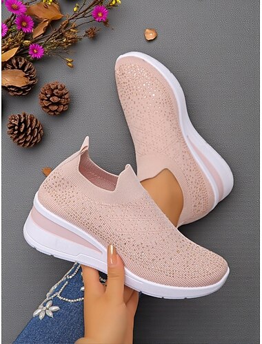  Женские розовые кроссовки Flyknit со стразами – дышащая легкая обувь на танкетке для прогулок, фитнеса и повседневной носки