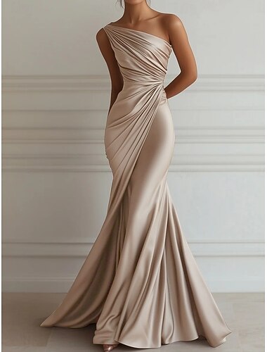  Sirena Tromba Strascico da Corte Abito da Sera Elegante Senza Maniche Monospalla Matrimonio Formale Vestito Rosa Raso Elasticizzato con Pieghe