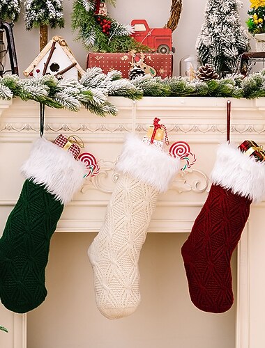  Chaussette de Noël tricotée en fil de luxe, chaussette de vacances verte, sac cadeau pour cadeaux de Noël, maison, cheminée, fête, décoration saisonnière, accessoire