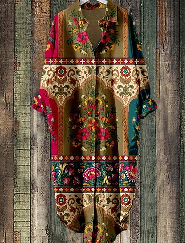  Per donna Abito Midi Abito Boho Abito Camicia Vestito Casual Moda Moderno Quotidiano Spiaggia Weekend Vestibilità regolare Fiore Manica Lunga Colletto a Camicia Viola Marrone Primavera Autunno