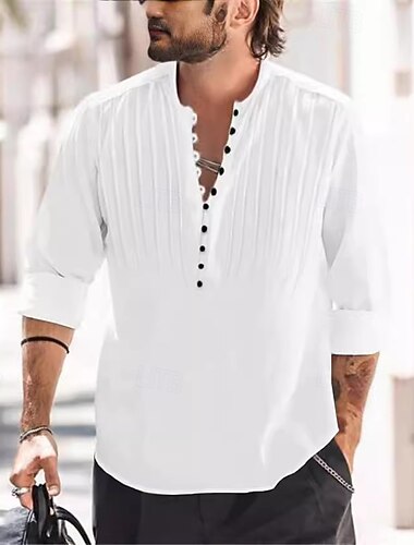  Per uomo Camicia Camicia popover Camicia casual Camicia da Spiaggia Camicia con Bottoni Nero Bianco Blu marino Azzurro cielo Kaki Manica Lunga Semplice Girocollo Vacanza Casuale Pieghettato