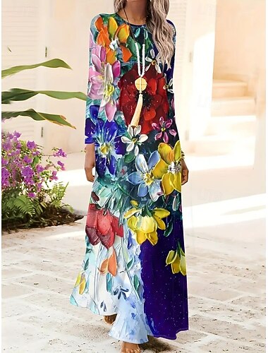  Damskie Sukienka maxi Sukienka trapezowa Sukienka A line Impreza Codzienny Boho Codzienny Randka Wyjściowe Regularny Kwiaty Graficzny Wzór tie-dye Długi rękaw Półgolf Czerwony Niebieski Zielony