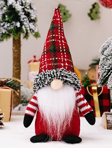  クリスマスのぬいぐるみノームデコレーション、お祝いのホリデーオーナメントセット、チェック柄の帽子付き、顔のないノーム人形、スカンジナビアのドワーフフィギュア、卓上ディスプレイ、自宅やオフィスへのギフトに最適なクリスマスデコレーション
