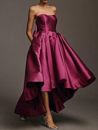  Ligne A Longueur thé Robes de Bal Élégant Sans manches Sans bretelles Fête de jardin Mariage Satin Satin Extensible avec Noeud(s) Poche