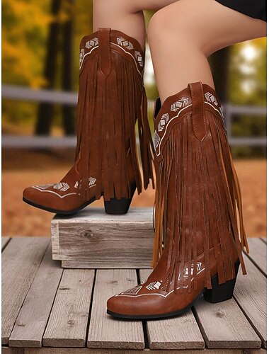  stivali da cowboy con frange western da donna: stivali alti fino al ginocchio in similpelle marrone con dettagli ricamati, stile country retrò per rodeo, festival autunnali e moda contadina