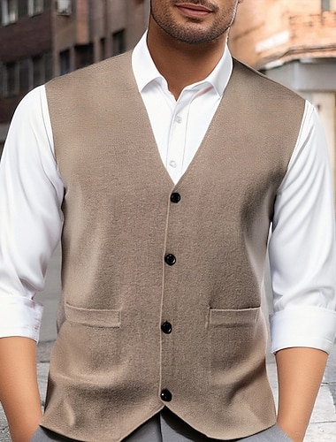  Herren Pullunder Kleid Pullover Weste Strickware Strickjacke Weste Gerippt Stricken Normale Oberteile Tasche Knöpfe Einfach V Ausschnitt Mode Klassisch Urlaub Alltagskleidung Bekleidung Herbst Winter