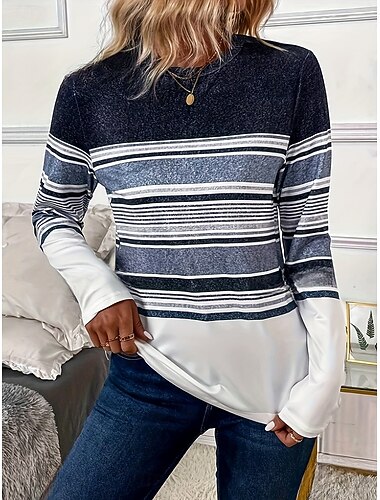  Mujer Camiseta Ombre Graphic Geométrico Vintage Elegante Clásico Manga Larga Cuello Barco Escote Redondo Tops regulares Diario Estampado Azul Marino Verano Primavera Otoño