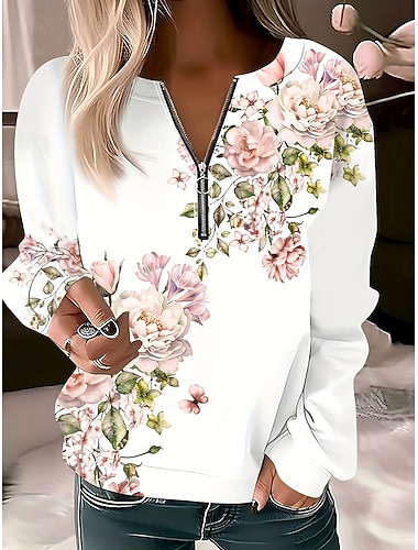  Жен. Пуловер Толстовка Толстовки с застежкой-молнией Цветочный принт Графика Мода На каждый день Длинный рукав Вырез под горло Обычные топы Для улицы На каждый день Молния С принтом Светло-розовый