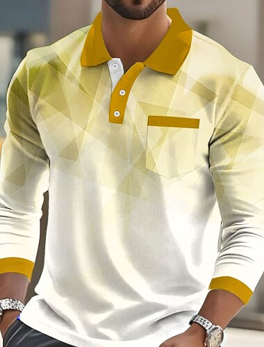  رجالي هندسي بولو ستايل كم طويل قمصان البولو Lapel عمل يومي ملابس الرياضة مناسب للبس اليومي جيب طباعة ثلاثية الأبعاد Buttons الربيع الخريف أصفر أزرق أرجواني