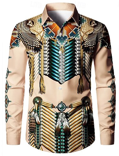  Per uomo Piume Etnico Cultura indiana Camicia Camicia con Bottoni Camicia casual Manica Lunga Vintage Retrò Vacanza Quotidiano Abbigliamento casual alla moda Estate Primavera Collo ripiegato Stampa