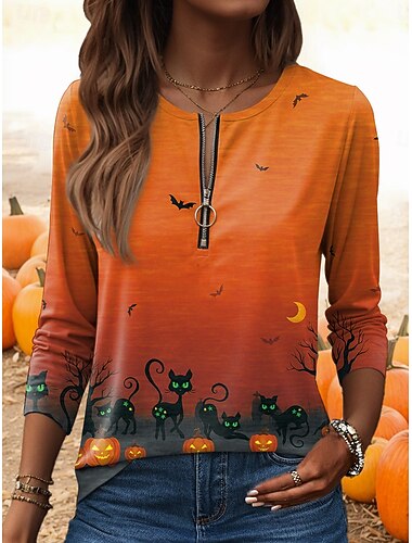  Halloween 女性用 Tシャツ グラフィック ヴィンテージ カジュアル 長袖 ラウンドネック レギュラートップス 日常 週末 ジッパー プリント ブルー パープル オレンジ グリーン 秋 冬