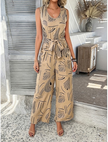  Dam Vanligt Jumpsuits Aktiv Grafisk Ärmlös Brett skaft U-hals Hög midja Semester Dagligen Normal Svart Rubinrött Grön Sommar