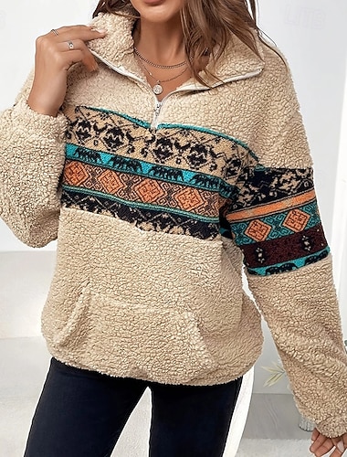  Dame Avslappet dobbel fuzzy genser Sherpa-genser Tykk Varm Med lommer Langermet sport Fargeblokk Topper Til Utendørs Reise Ferie Sportsklær