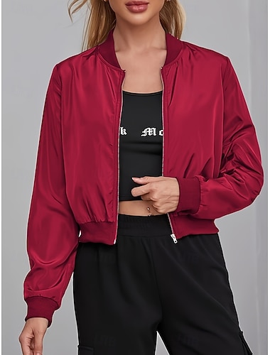 Women's Bomber Jacket Comfortable Breathable Zipper Casual Plain Vacation Street Casual Daily Wear Zipper Short Stand Collar Regular Fit Long Sleeve Outerwear Black Red Army Green Spring Fall