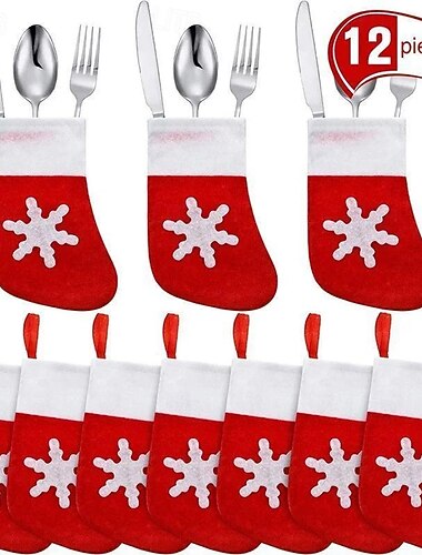  12/24個のミニクリスマスストッキング、ナイフ、スプーン、フォーク、バッグ、クリスマスデコレーション、スノーフレークソックスオーナメント、ミニカトラリーホルダー、小さな吊り下げストッキング