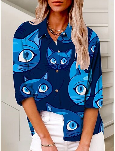  Damen Hemd Katze Aktiv Täglich Stilvoll Langarm Hemdkragen Normale Oberteile Täglich Ferien Knöpfe Druck Blau Sommer Frühling Herbst