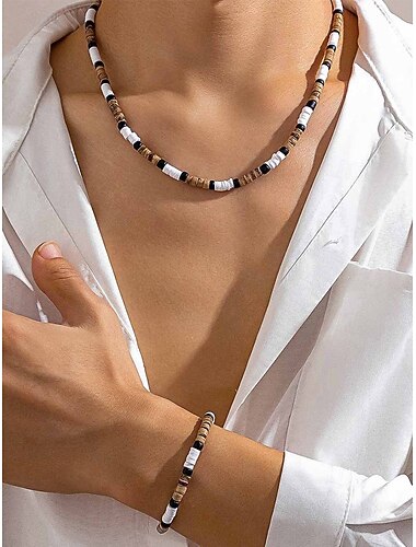  Conjunto de collar y pulsera de cuentas de estilo bohemio para hombre: joyería de cuentas de madera blancas, negras y marrones para playa, ropa informal y fiestas de verano.