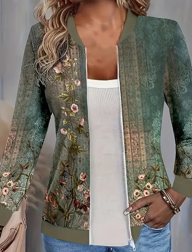  Per donna Giacca Casual Confortevole Cerniera Stampato Casual Fiore All'aperto Streetwear Ferie Abbigliamento quotidiano Cerniera Regolare Girocollo Vestibilità regolare Manica Lunga Capispalla Verde