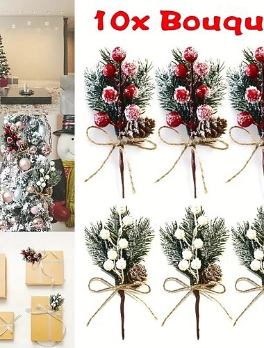  10 stk kunstige juletrehakker med kongler og røde bær – plastdekorasjoner til vinterbordet med snødekte furunåler og rustikk jutehylse – festlig juledekorasjon