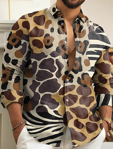  Herre Leopard Sebramønster Skjorte Skjorte med knapper Langermet Vintage retro Avslappet utendørs Ferie Vår Høst Aftæpning 3D-utskrift krage skjorter Blå Lilla Brun