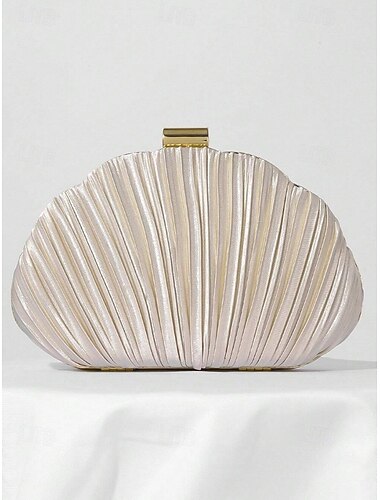  Γυναικείο βραδινό τσαντάκι clutch με πτυχώσεις από σατέν σε μεταλλικό χρώμα, σε σχήμα σαμπάνιας με χρυσό πλαίσιο και αλυσίδα — vintage glam για γάμους, κοκτέιλ πάρτι, χορό και βραδινή έξοδο