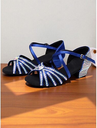  Blauwe satijnen latin danssandalen voor dames met strass-bandjes en lage blokhak - professionele ballroom- en salsaschoenen
