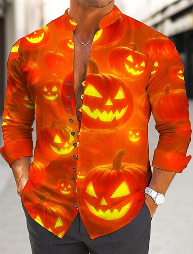  Halloween 男性用 カボチャ ハロウィーンコスチューム シャツ スタンドカラーシャツ 長袖 ダークゴシックスタイル アウトドア 祝日 春 秋 スタンドカラー Band Collar ボタンダウン リネンライクシャツ ブルー オレンジ