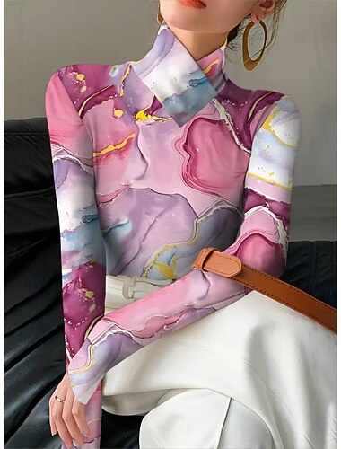  Pentru femei Tricou Grafic Abstract Elegant Epocă Stilat Manșon Lung Gât Înalt Gât asimetric Topuri obișnuite Zilnic Imprimeu Niveluri Negru și Alb Roz Îmbujorat Maro Primăvară Toamnă Iarnă
