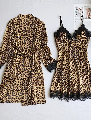  kvinnors pyjamasrockar klänning nattlinne nattlinne 2 delar leopard enkel retro varm fest hem dagligen andas present v wire ärmlösa shorts tryck vår höst hem outfits