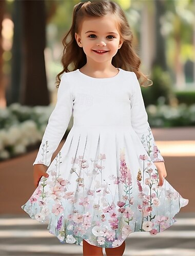 ragazze' 3D Fiore Abito Manica Lunga Estate Primavera Vacanza Quotidiano Ferie Principessa Bello Dolce Bambini 4-12 Anni Vestito Casual Abito a trapezio Lunghezza al ginocchio Vestibilità regolare