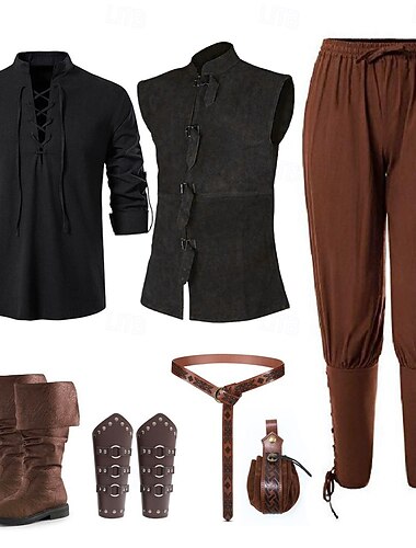  רטרו\וינטאג' ימי הביניים רנסנס חולצה מגפיים וסט אביר ויקינג ג'נטלמן Ranger עלון אחיד תחפושות בגדי ריקוד גברים פיראט סטימפאנק הצגה נשף מסכות יום יומי\קז'ואל מבוגרים חולצה מכנסיים נעליים