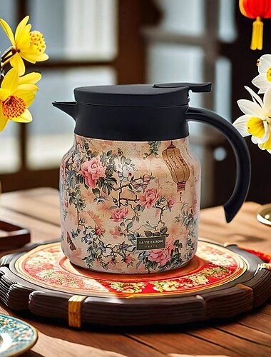  Thermos da tè con motivo floreale vintage, teiera isolata in acciaio inossidabile 316, grande capacità, bollitore per acqua calda con separazione del tè, design semplice per uso domestico, bollitore termico