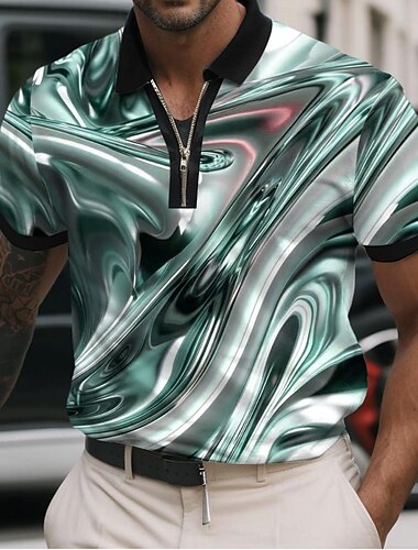  Voor heren Abstract Metalen Poloshirts met rits Korte mouw Poloshirt Overhemden met kraag Casual Sportkleding Alledaagse kleding 3D-afdrukken Zomer Blozend Roze blauw Groen