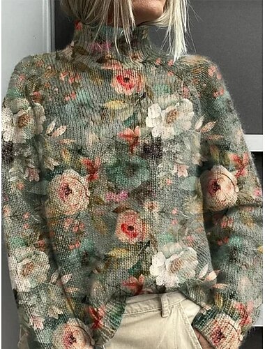  女性用 プルオーバー 旅行度假风 日常 フラワー リブ タートルネック プリント 長袖 レギュラートップス ニット アウトドア 日常 祝日 ブラック ホワイト 秋 冬