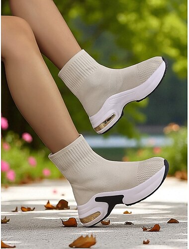  stivali da donna in Flyknit beige con suola a plateau – scarpe da passeggio leggere e casual per attività all'aperto, viaggi e sport