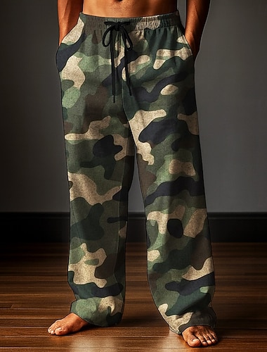  Voor heren Broek Wijde broek Vrijetijdsbroek Elastische tailleband met trekkoord Linnen broek met zakken camouflage Camouflage Kleur Volledige lengte Buiten Vakantie Klassieke Stijl Leger Groen Paars
