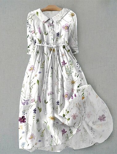  Mulheres Vestido midi Camisetão Vestido casual Moda Moderno Diário Praia Final de semana Normal Flor Meia Manga Colarinho de Camisa Branco Roxo Cinzento Verão Primavera