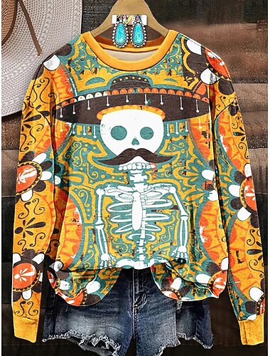  סוודרים לנשים הדפס גולגולות חמים קז'ואל פסטיבל עם שרוול ארוך צווארון עגול רגיל ללבוש יומי הדפס רחוב מרון אדום כתום אביב סתיו חורף