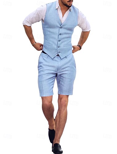  De los hombres Boda Trajes de Lino Escote en Pico Azul cielo Marrón Color sólido A Medida Juego de 2 piezas